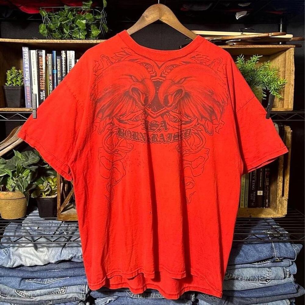 Y2K Grunge USA Bald Eagle Tee Men 2XL Red Black Tribal 2000s Skater Biker Shirt